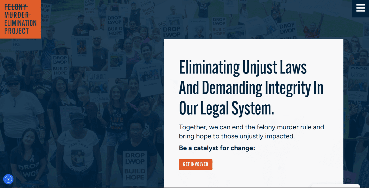 Screenshot: homepage of the updated website for Felony Murder Elimination Project