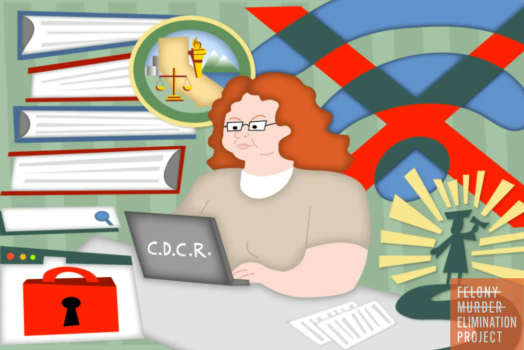 cartoon illustration: an incarcerated female sitting in front of a laptop branded "CDCR" for California Department of Corrections & Rehabilitation in an educational setting