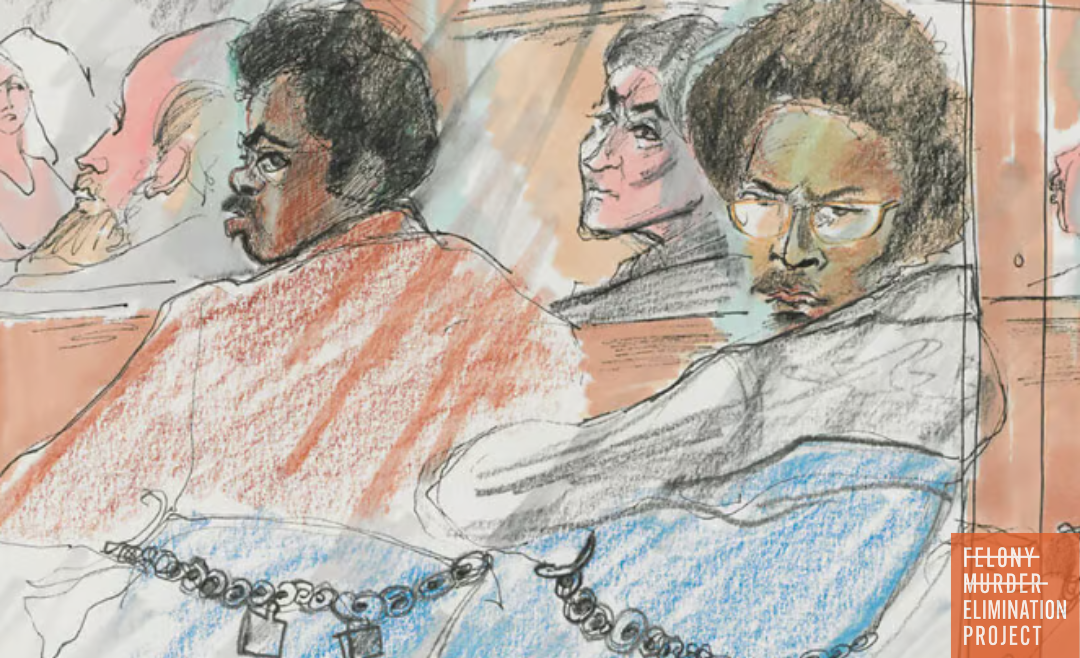 A courtroom drawing of San Quentin Six Defendants Fleeta Drumgo and John Larry Spain (Illustration: Rosalie Ritz)