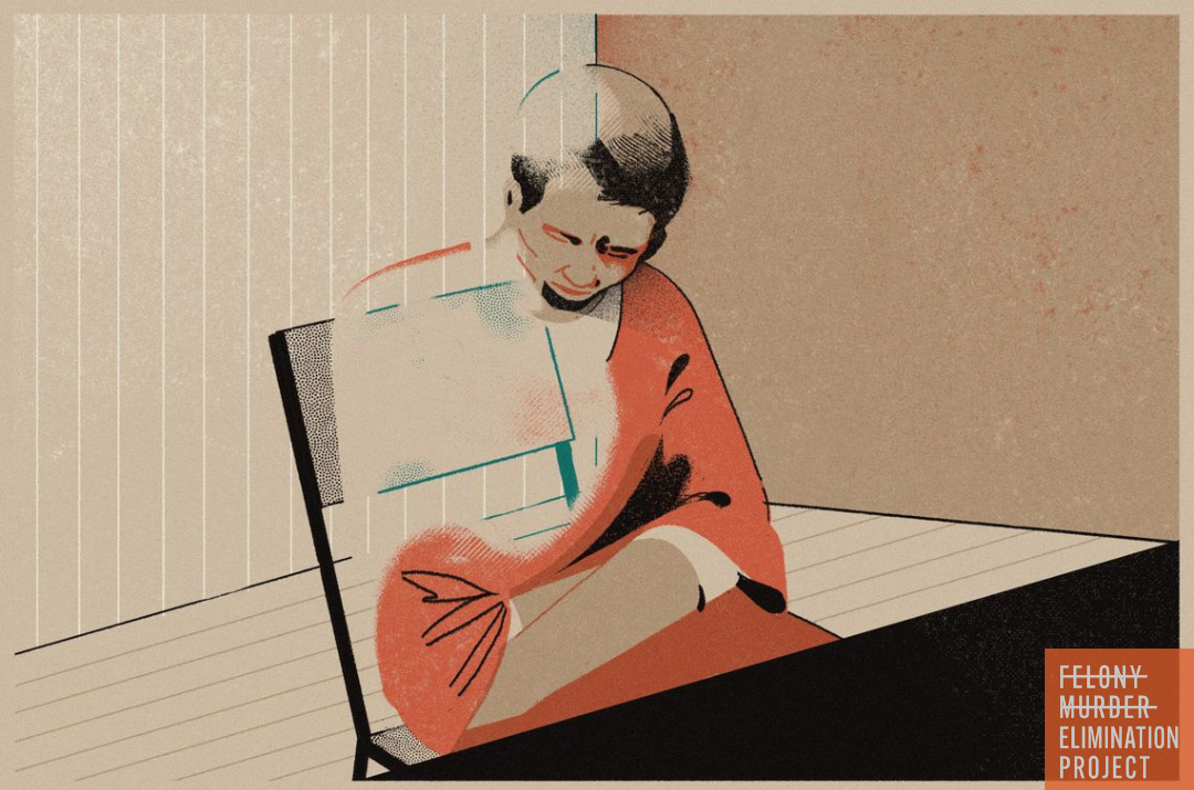 Illustration of a figure wearing a prison jumpsuit sitting at a table (Juan Bernabeu/The Marshall Project)