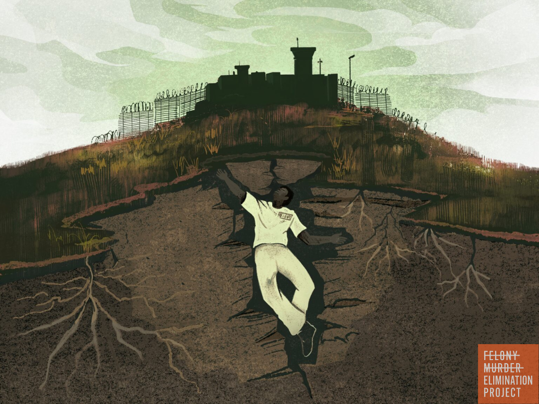 Illustration: person in prison jumpsuit struggling while buried underneath a prison facility (Illustration: Verónica Martinez/Bolts Magazine)