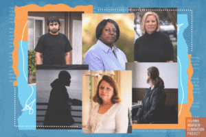 A collage of people interviewed for a story about their involvement in the California CARE Court system, an alternative to criminal judicial processes for persons and families dealing with mental illness. (Illustration: Adriana Heldiz/CalMatters)
