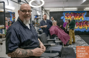 Joseph Soltis in the newly-opened Stillwater prison barber shop he helped found. (Photo: Cait Kelley/MPR News)