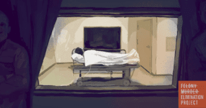 Illustration of a person laying on a gurney in an execution chamber, as viewed through the observer window (Illustration by Carson McNamara/The Marshall Project)