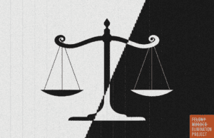 Graphic: A set of scales representing the idea of Justice are set against a black and white split-screen background