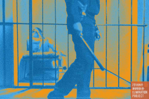 A blue and orange illustration of an incarcerated person sitting on their bed as a guard walks past the cell in the foreground