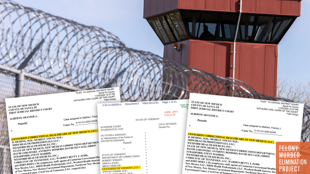 A guard tower surrounded by barbwire fence at an Ilinois prison in the background, and three legal suits against Centurion Healthcare in the foreground.