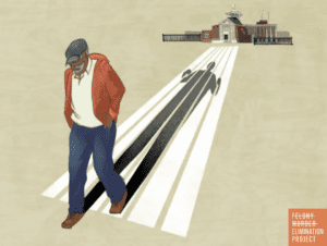 Illustration of an older person walking away from a prison in the far foreground (Illustration by Verónica Martínez)