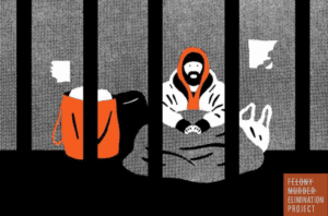 Illustration of a homeless person, sitting next to a bag of their belongings and sheltered underneath a blanket, behind prison bars (Illustration by Hisashi Okawa)