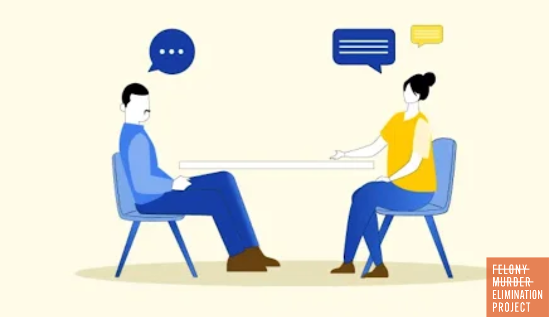 Graphic: two people sitting in chairs, facing each other in an interview scenario